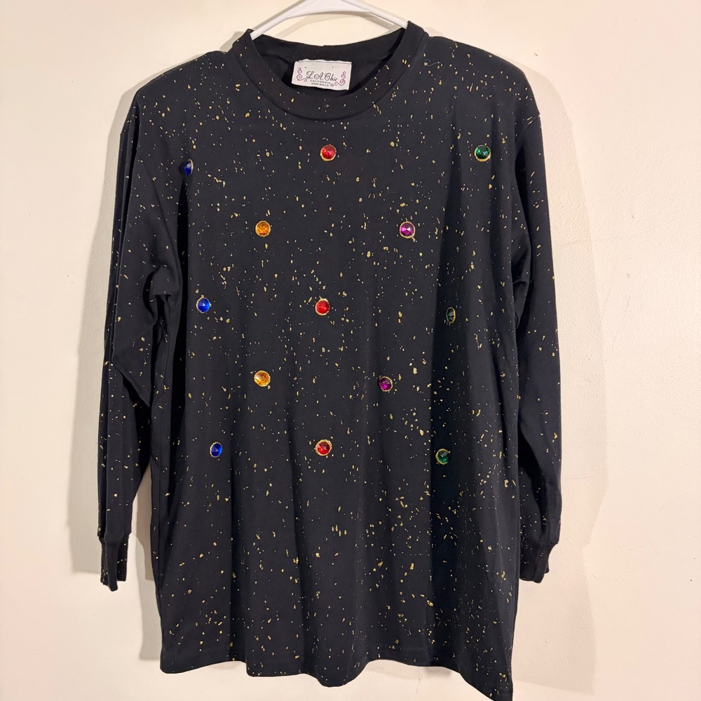 L.A. Chic Top Women OS Black Gold Splatter Jewel Embellished Vintage 80s GLAM